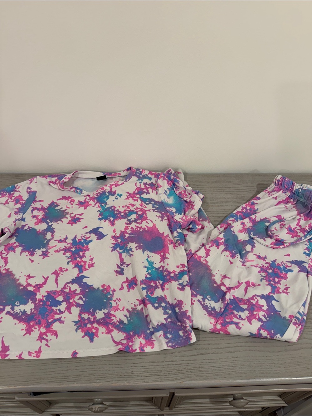 Pixielane Kids Tie-Dye Short Sleeve Pajama Set - Pink & Blue- size 11/12